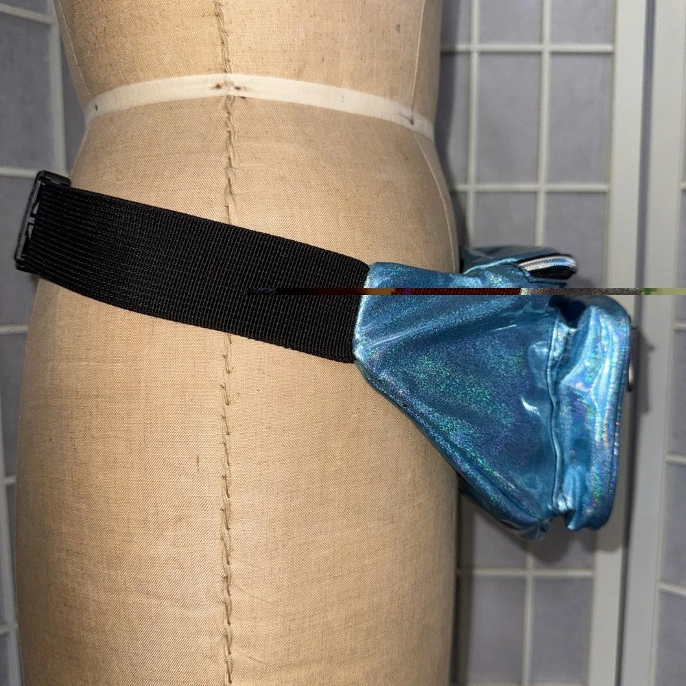 SoJourner Holographic Fanny Pack Belt Bag Blue Purse 90's Metallic Zip Pockets